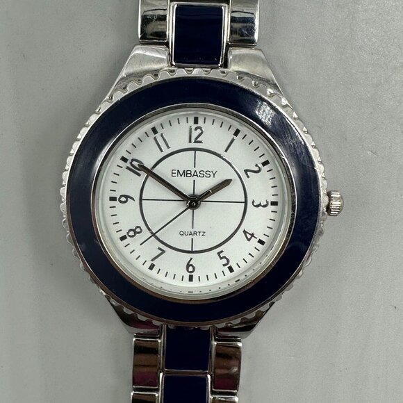 3/$30 Embassy Watch Women Silver Tone Blue Enamel Round White Dial Work 7 Inch - Picture 1 of 11